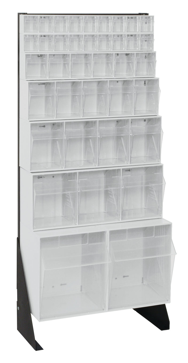 Tall display rack with multiple shelves on a white background