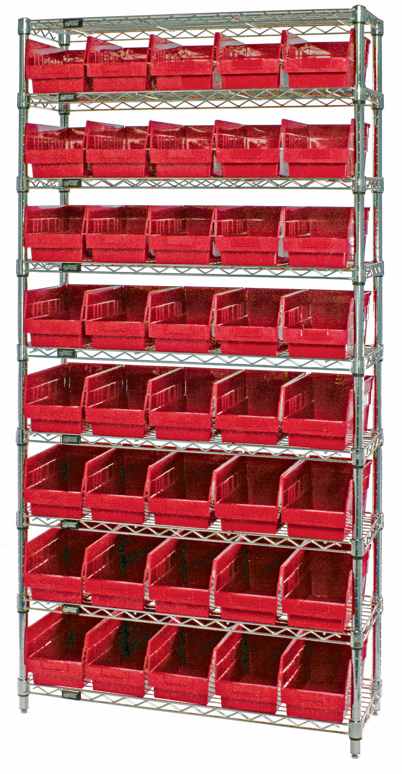 Quantum Store-More 6" Shelf Bin Wire Shelving Systems with Bins – 12" x 36" x 74" – WR9-202 – Red