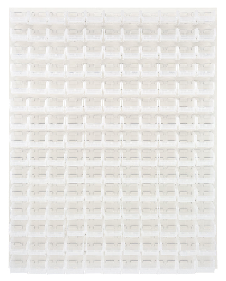 Quantum Louvered Panels with Bins – 48" x 61" – Oyster White – 165 QUS220 Bins – Clear