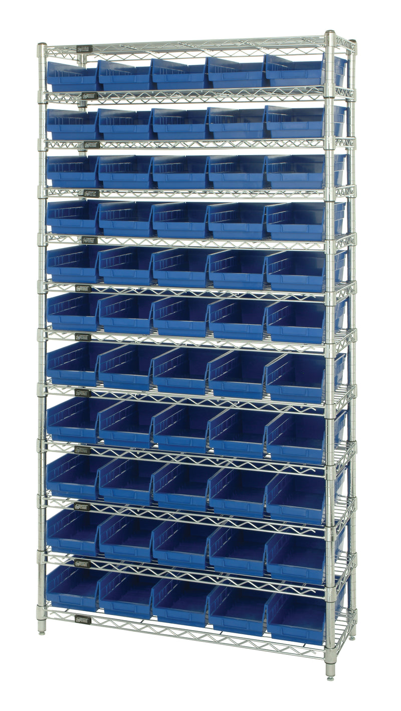 Quantum Economy 4" Shelf Bin Wire Shelving Systems with Bins – 12" x 36" x 74" – WR12-102 – Blue