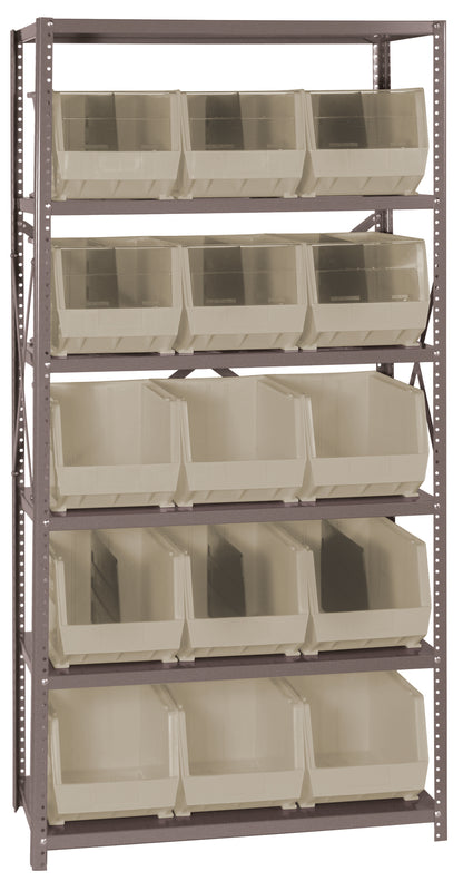 Metal shelving unit with beige storage bins on a white background