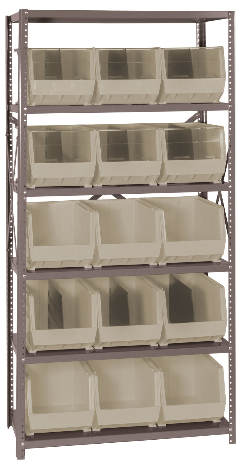Metal shelving unit with beige storage bins on a white background