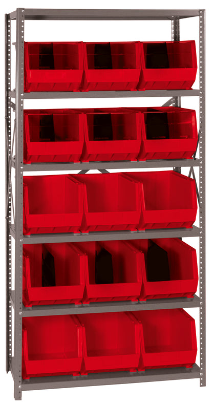Metal shelving unit with red storage bins on a white background