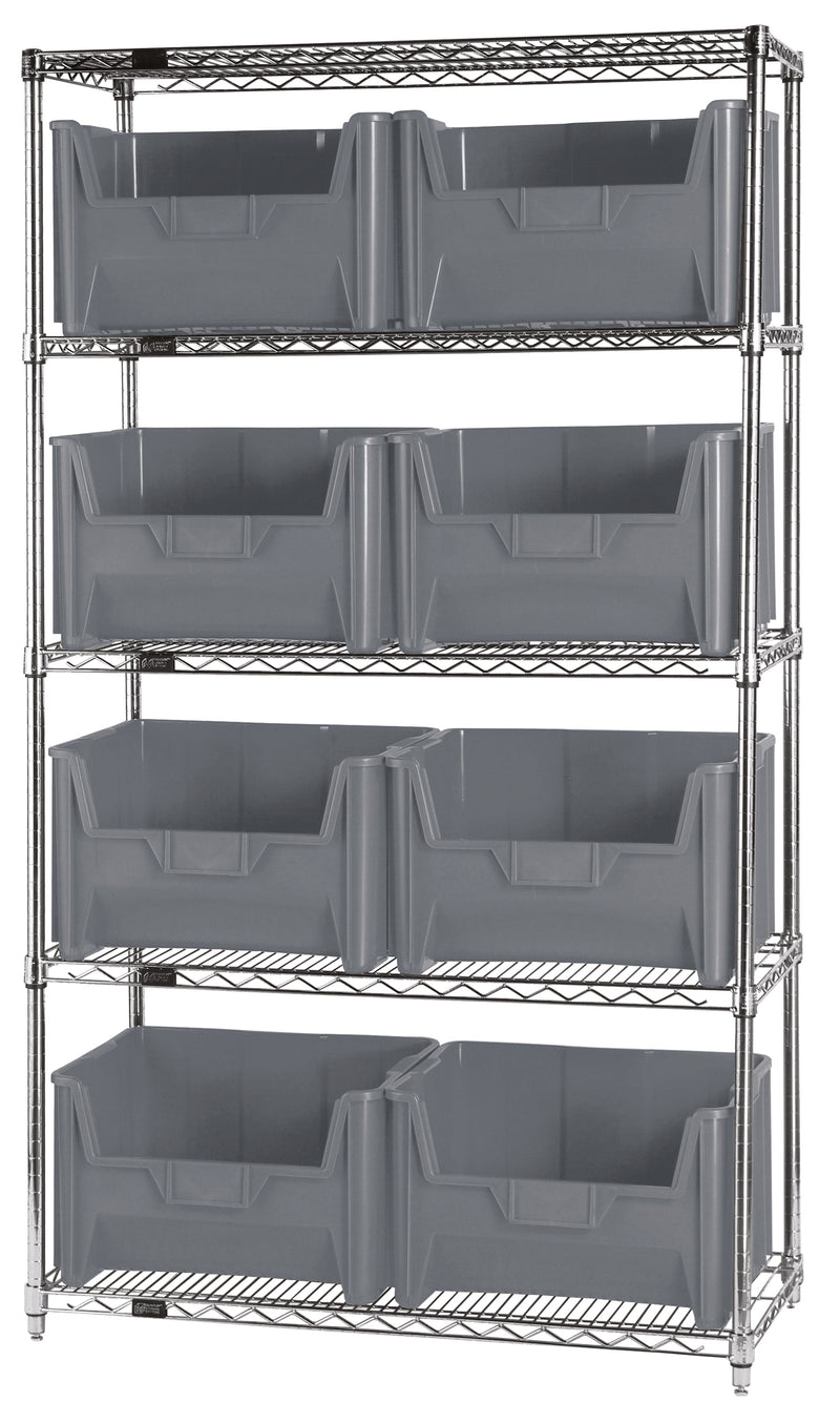 Quantum Giant Stack Wire Shelving with Bins – 42" x 18" x 74" – WR5-700 – Gray