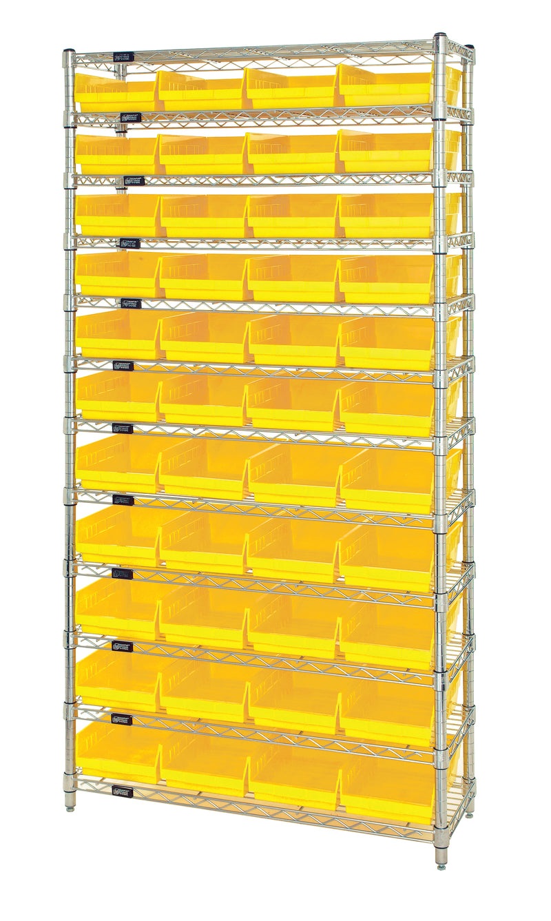 Quantum Economy 4" Shelf Bin Wire Shelving Systems with Bins – 24" x 36" x 74" – WR12-114 – Yellow