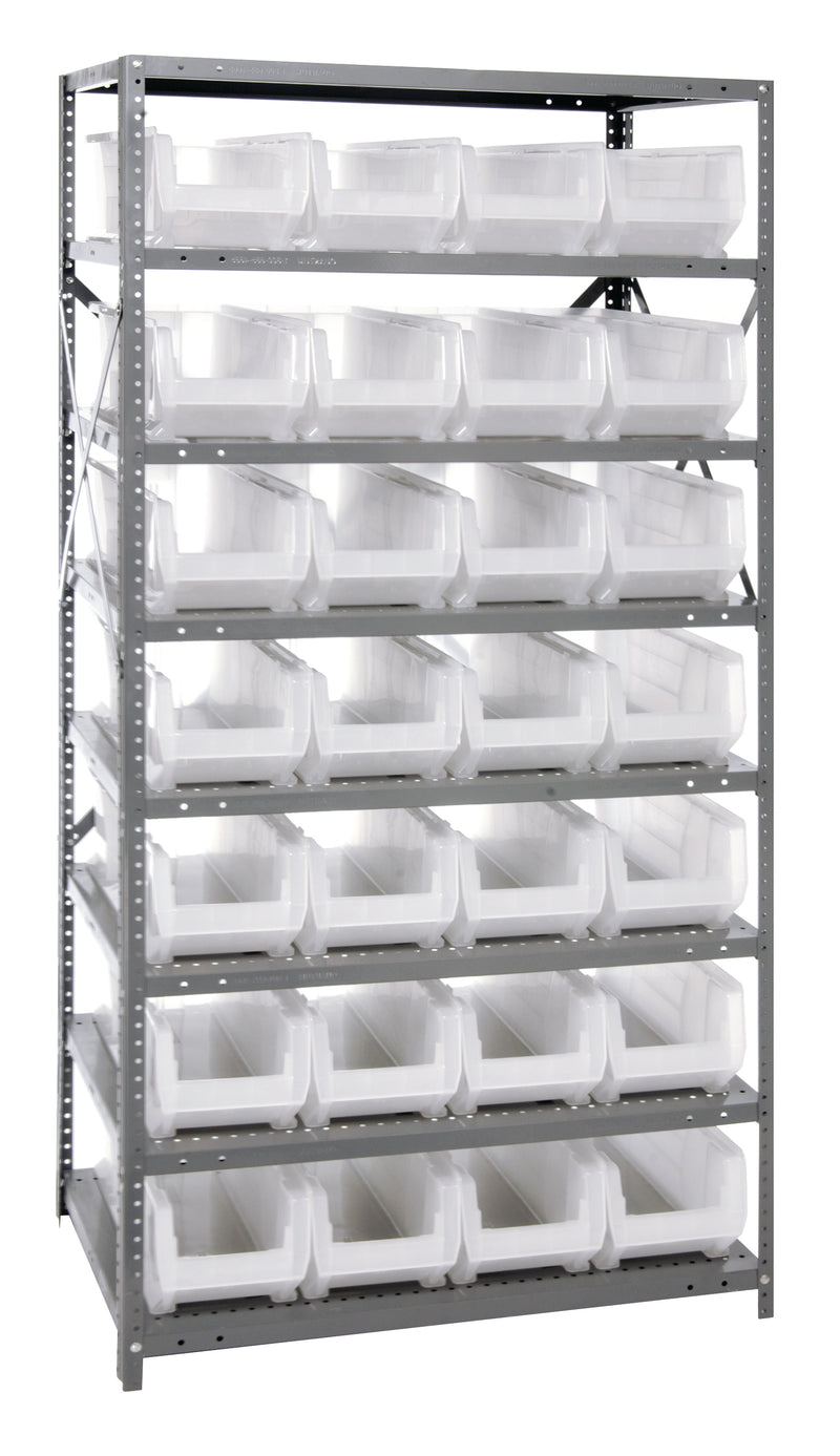Quantum Clear-View Steel Shelving with Clear Containers – 24" x 36" x 75" – 2475-20-MIXCL to 2475-954CL – 2475-950CL – Clear
