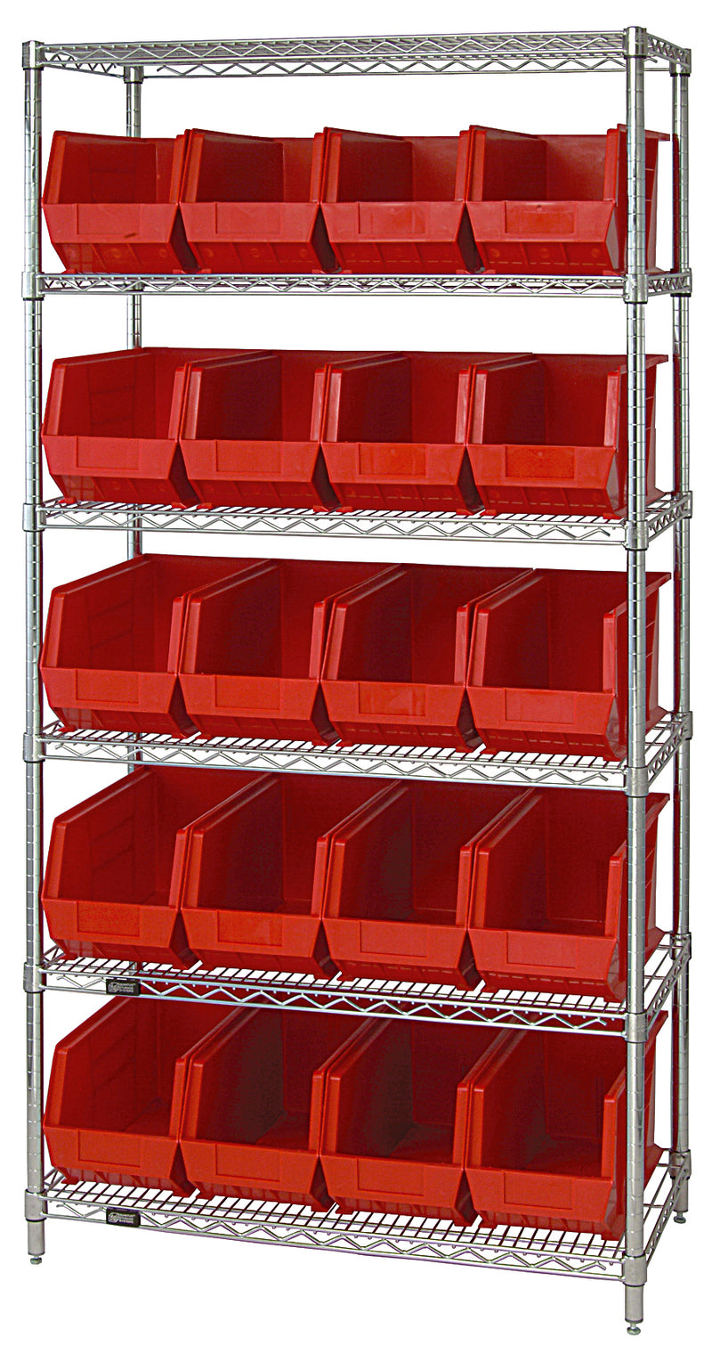 Quantum Stack & Hang Wire Shelving with Bins – 36" x 18" x 74" – WR6-265 – Red