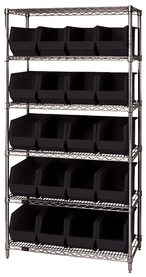 Quantum Stack & Hang Wire Shelving with Bins – 36" x 18" x 74" – WR6-265 – Black