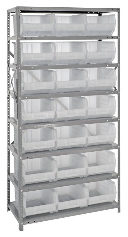 Metal shelving unit with clear plastic bins on a white background