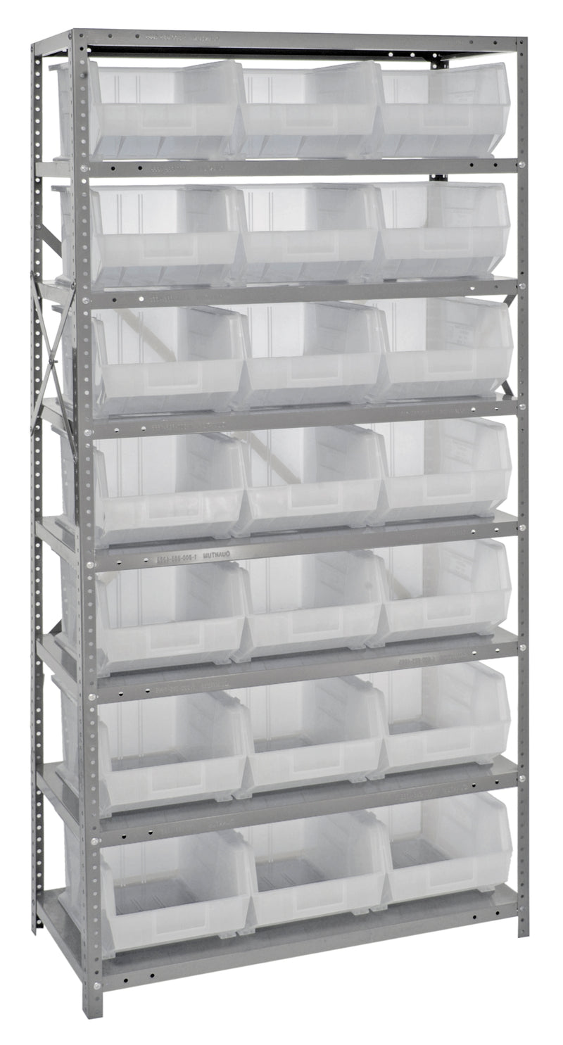 Metal shelving unit with clear plastic bins on a white background