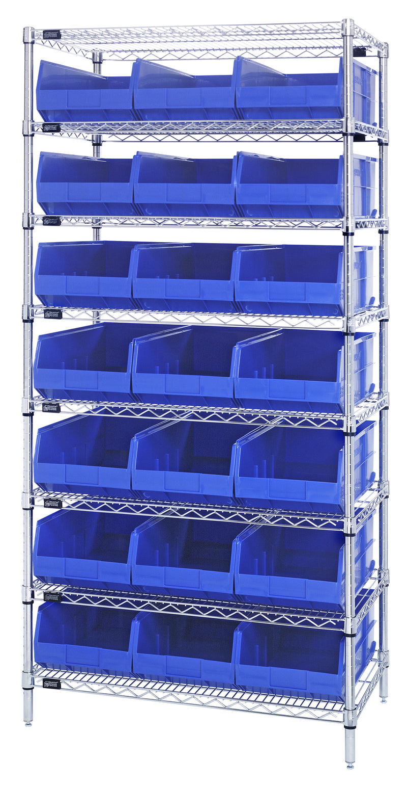 Quantum Wire Shelving with Stackable Shelf Bins – 14" x 36" x 74" – WR8-445 – Blue