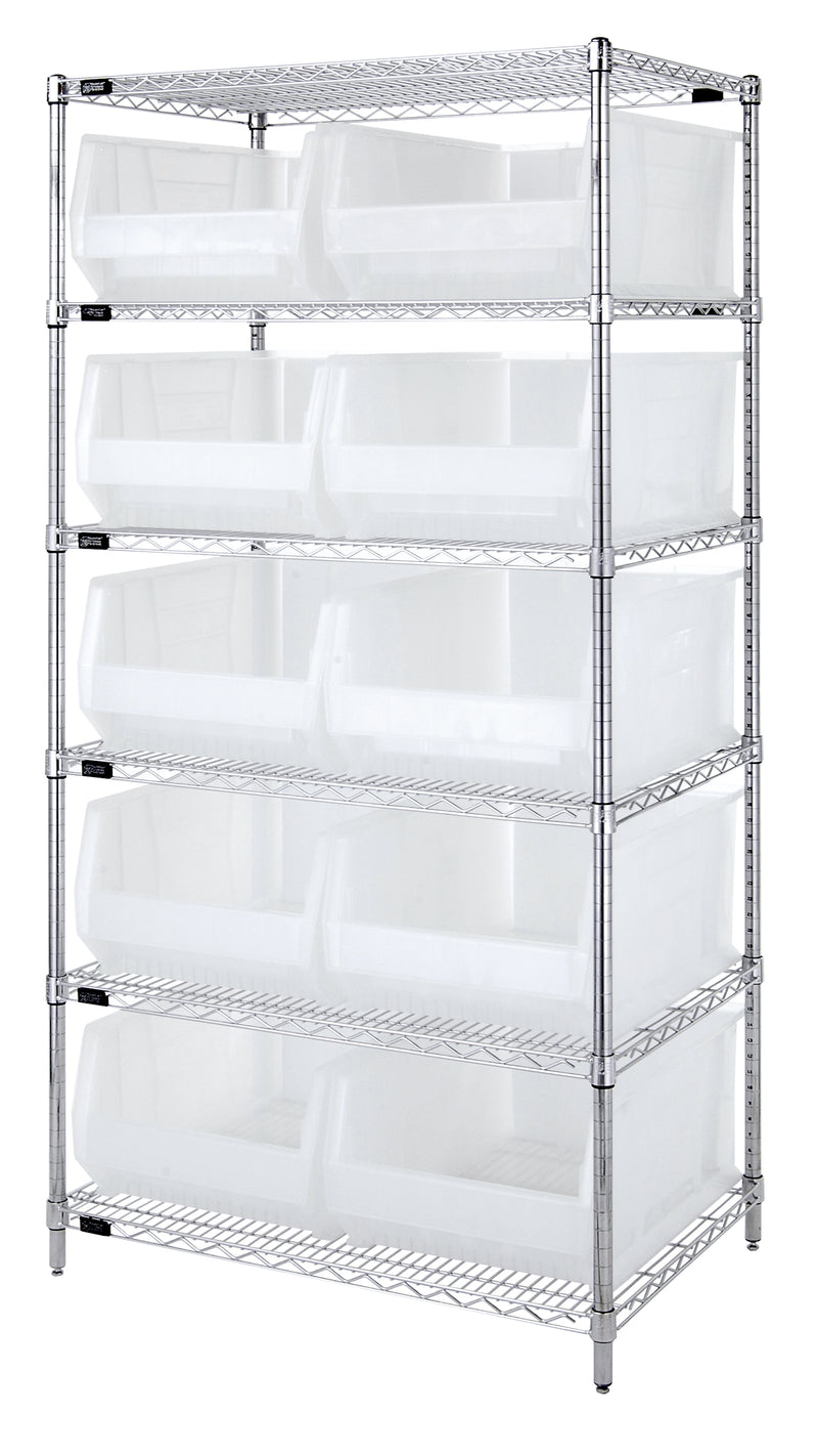 Quantum Clear-View Wire Shelving with Clear Containers – WR5-955CL to WR8-950CL – 24" x 36" x 74" – WR6-954CL – Clear