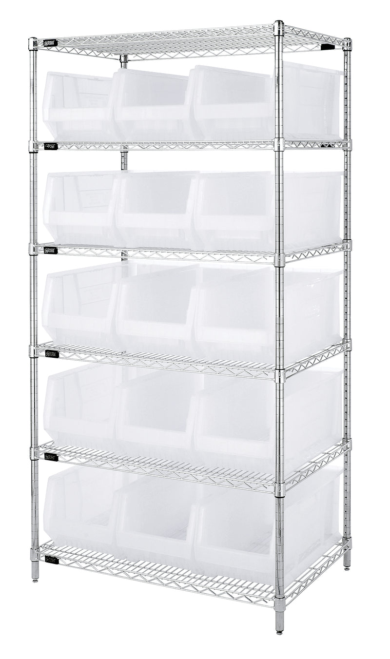 Quantum Clear-View Wire Shelving with Clear Containers – WR5-955CL to WR8-950CL – 24" x 36" x 74" – WR6-953CL – Clear