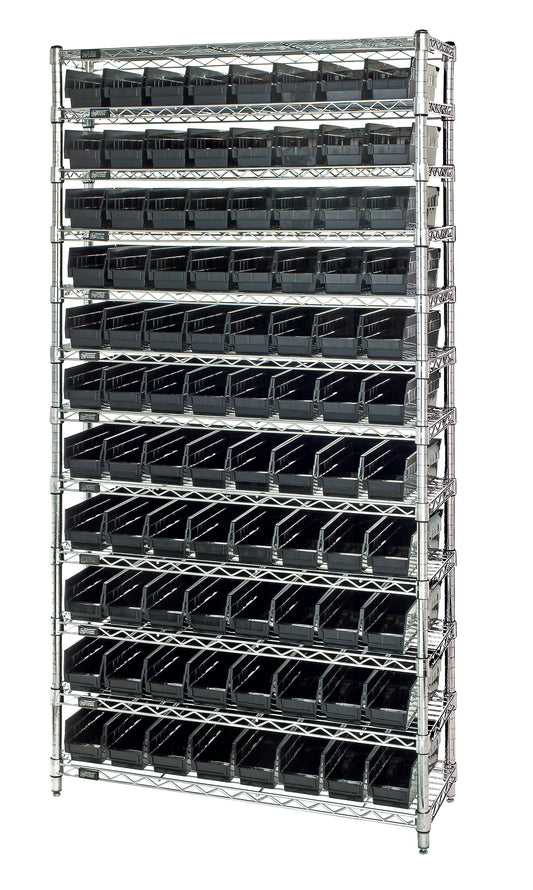 Quantum Economy 4" Shelf Bin Wire Shelving Systems with Bins – 12" x 36" x 74" – WR12-101 – Black