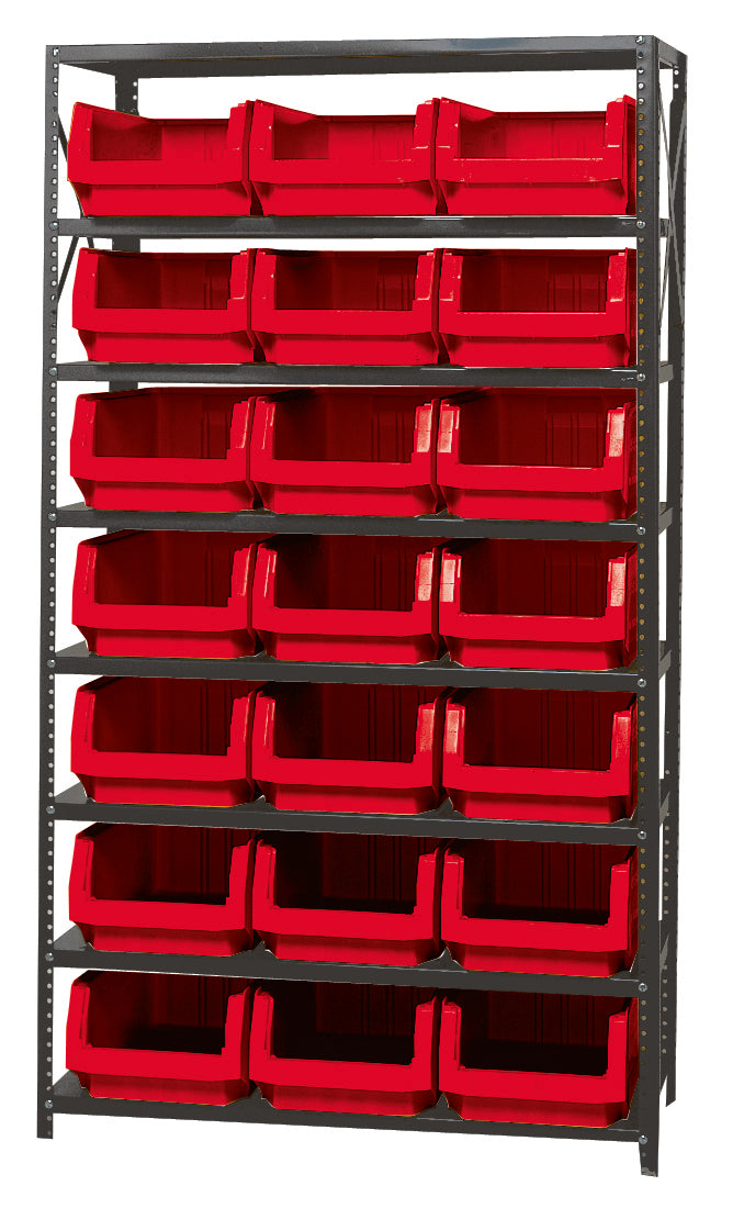 Quantum Magnum Steel Shelving Systems with Bins – 18" x 42" x 75" – MSU-532 – Red