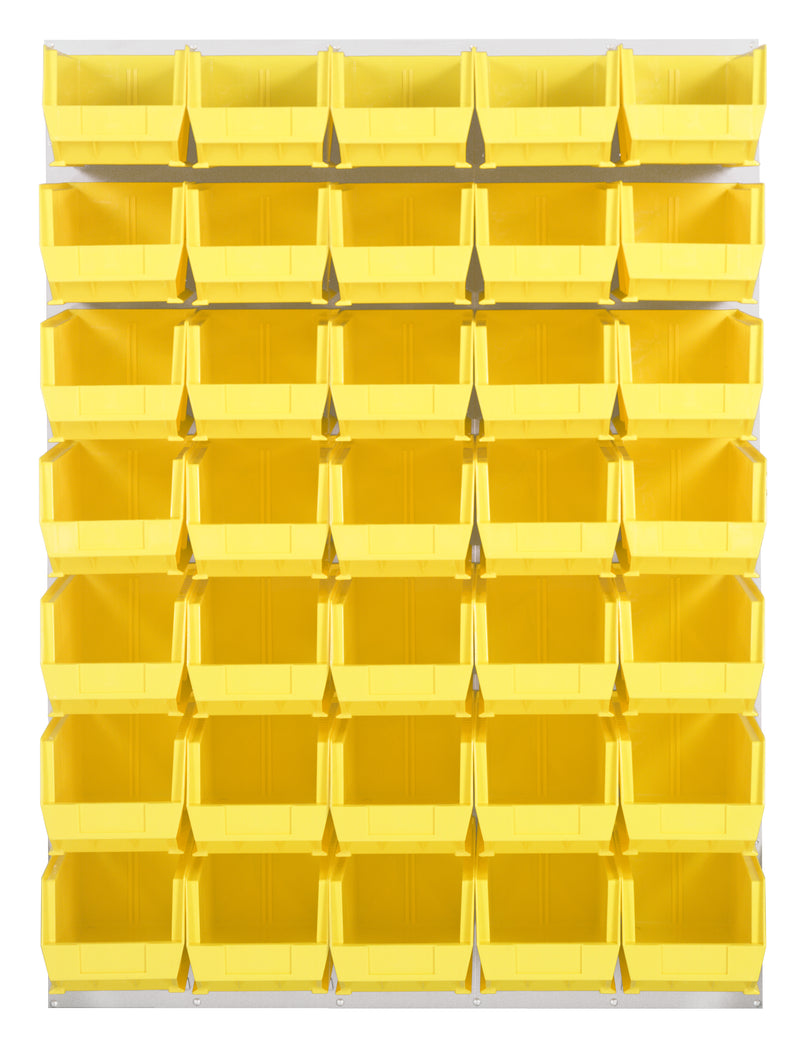 Quantum Louvered Panels with Bins – 48" x 61" – Oyster White – 35 QUS240 Bins – Yellow