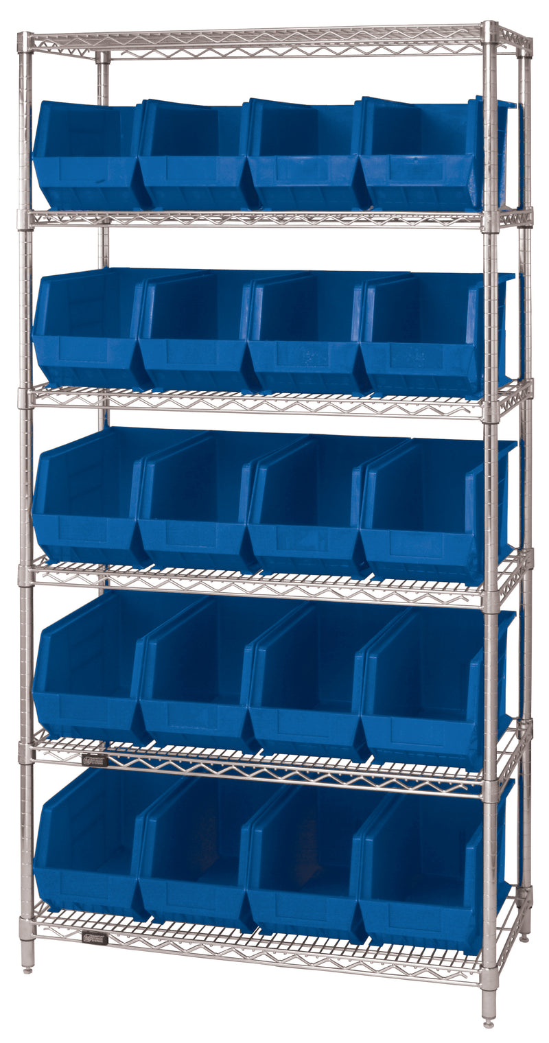 Quantum Stack & Hang Wire Shelving with Bins – 36" x 18" x 74" – WR6-265 – Blue