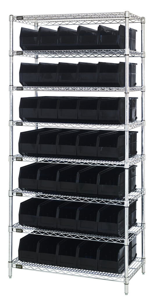 Quantum Wire Shelving with Stackable Shelf Bins – 18" x 36" x 74" – WR8-461 – Black