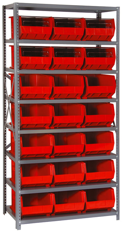Metal shelving unit with red storage bins on a gray background