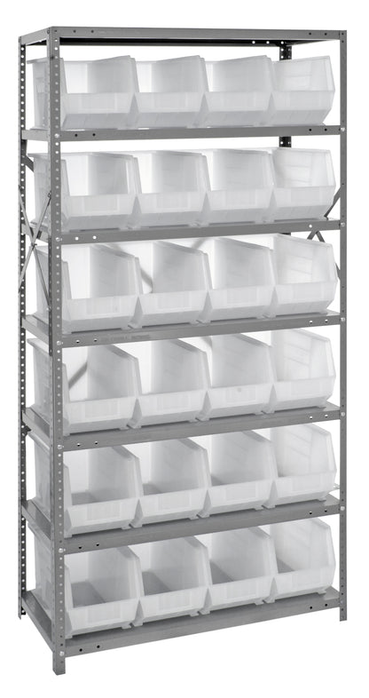 Metal shelving unit with white bins on a gray background