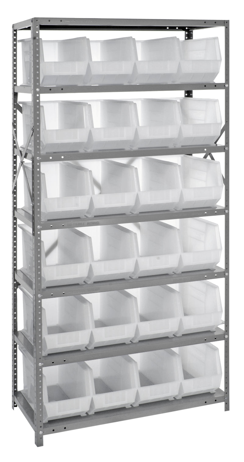 Metal shelving unit with white bins on a gray background