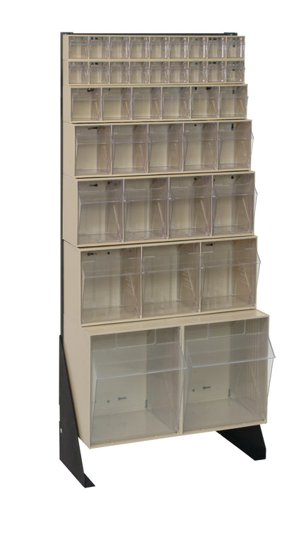 Tall shelving unit with multiple compartments on a white background