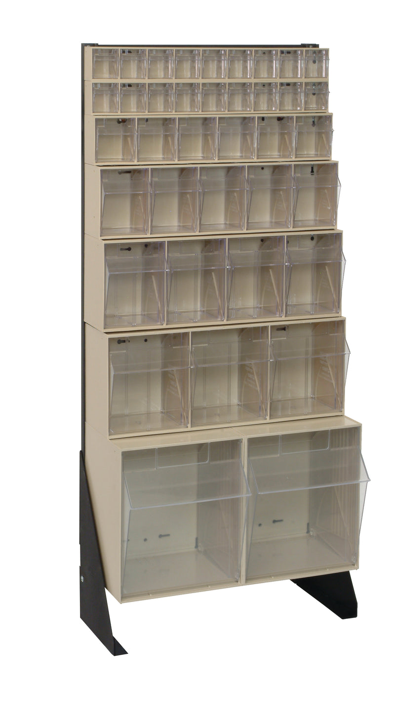 Tall shelving unit with multiple compartments on a white background