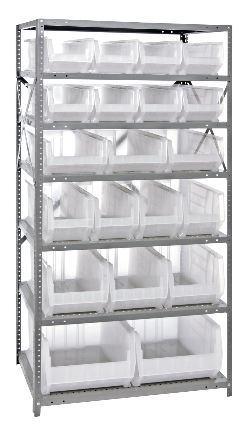 Quantum Clear-View Steel Shelving with Clear Containers – 24" x 36" x 75" – 2475-20-MIXCL to 2475-954CL – 2475-20-MIXCL – Clear
