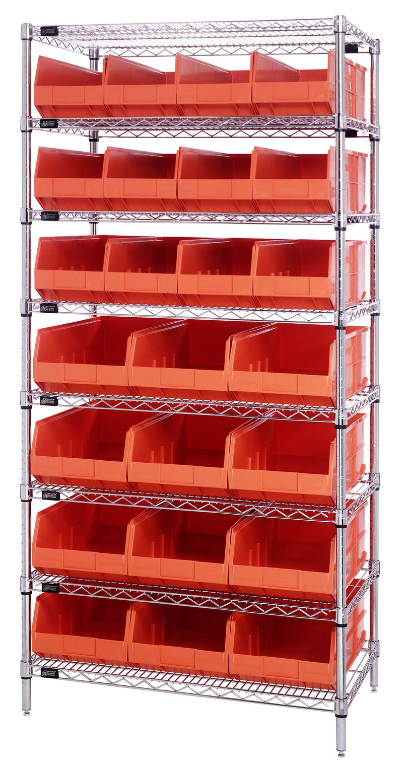 Quantum Wire Shelving with Stackable Shelf Bins – 21" x 36" x 74" – WR8-483485 – Orange