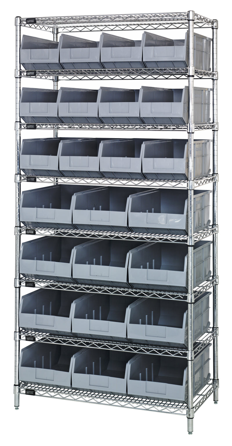 Quantum Wire Shelving with Stackable Shelf Bins – 21" x 36" x 74" – WR8-483485 – Gray