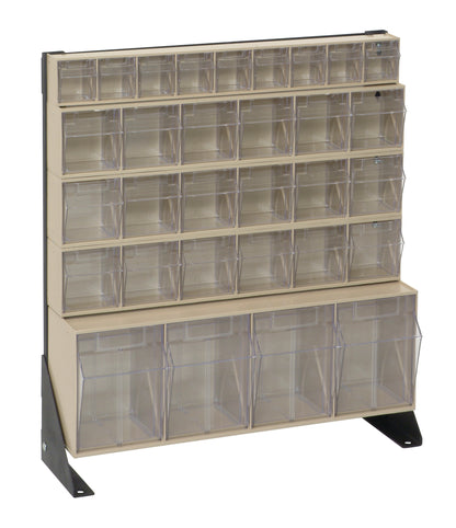 Stackable storage unit with clear plastic bins on a beige frame