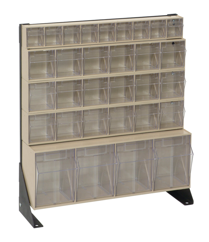 Stackable storage unit with clear plastic bins on a beige frame