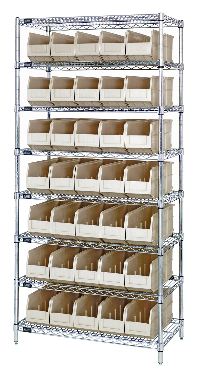 Quantum Wire Shelving with Stackable Shelf Bins – 18" x 36" x 74" – WR8-461 – Ivory