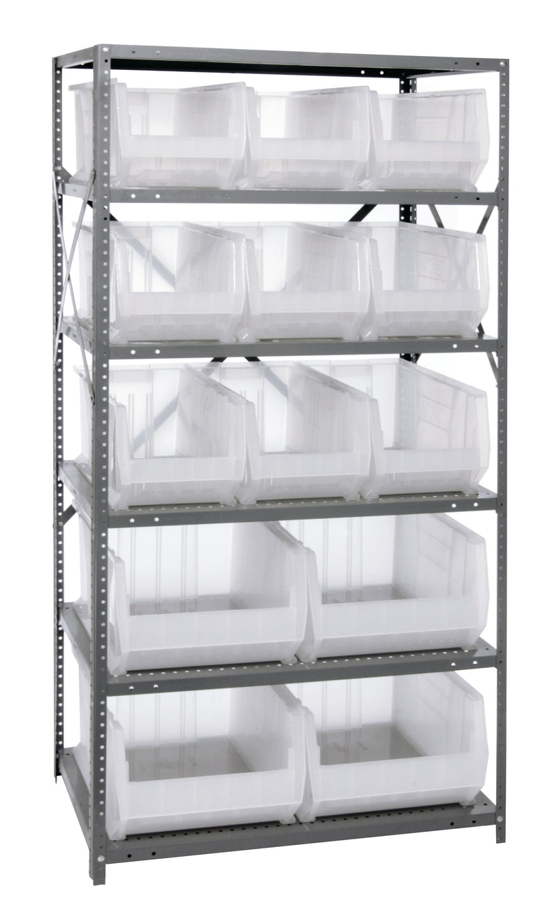 Quantum Clear-View Steel Shelving with Clear Containers – 24" x 36" x 75" – 2475-950952CL to 2475-953954CL – 2475-953954CL – Clear