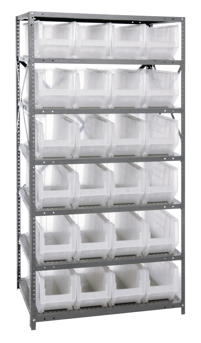 Quantum Clear-View Steel Shelving with Clear Containers – 24" x 36" x 75" – 2475-20-MIXCL to 2475-954CL – 2475-951CL – Clear