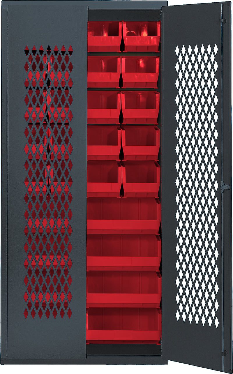 Quantum Storage Cabinets with Bins – 18" x 36" x 78" – MESH Series – MESH-240250 – Red