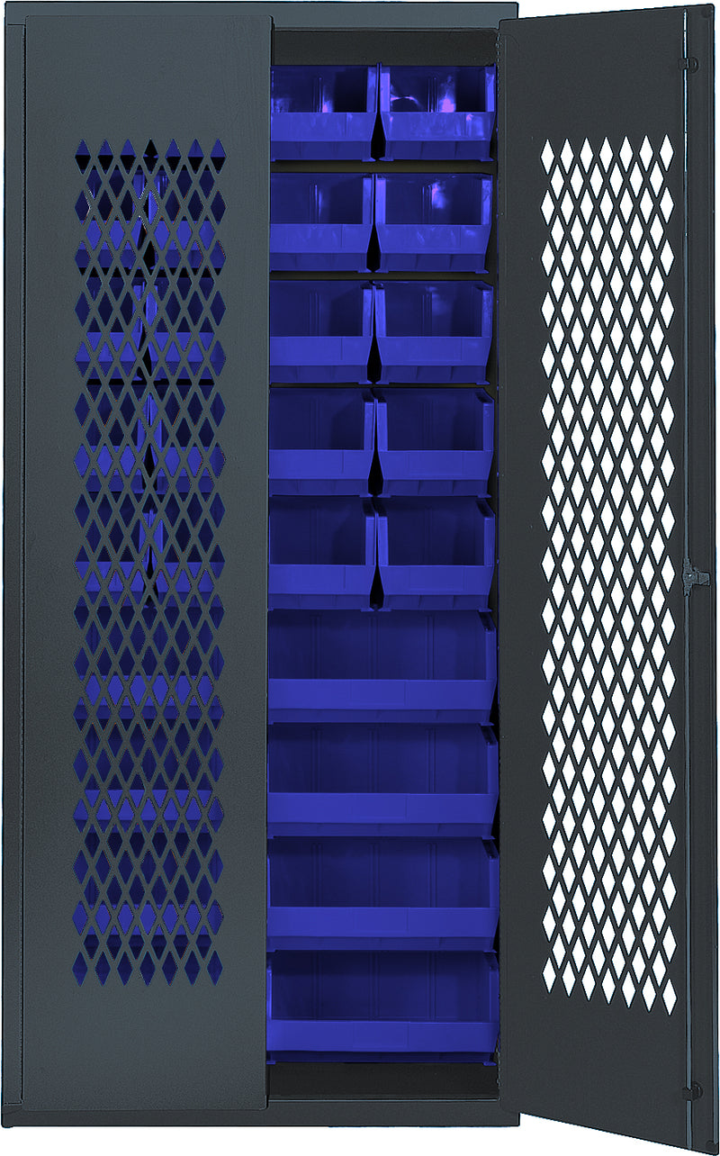Quantum Storage Cabinets with Bins – 18" x 36" x 78" – MESH Series – MESH-240250 – Blue