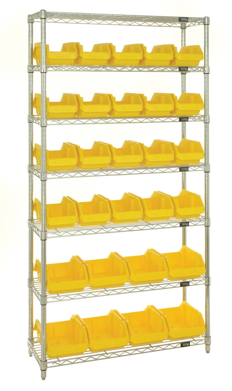 Quantum QuickPick Heavy-Duty Wire Shelving with QuickPick Bins – Complete Package – 36" x 18" x 74" – W7-12-24 to W7-18-24 – W7-12-28 – Yellow