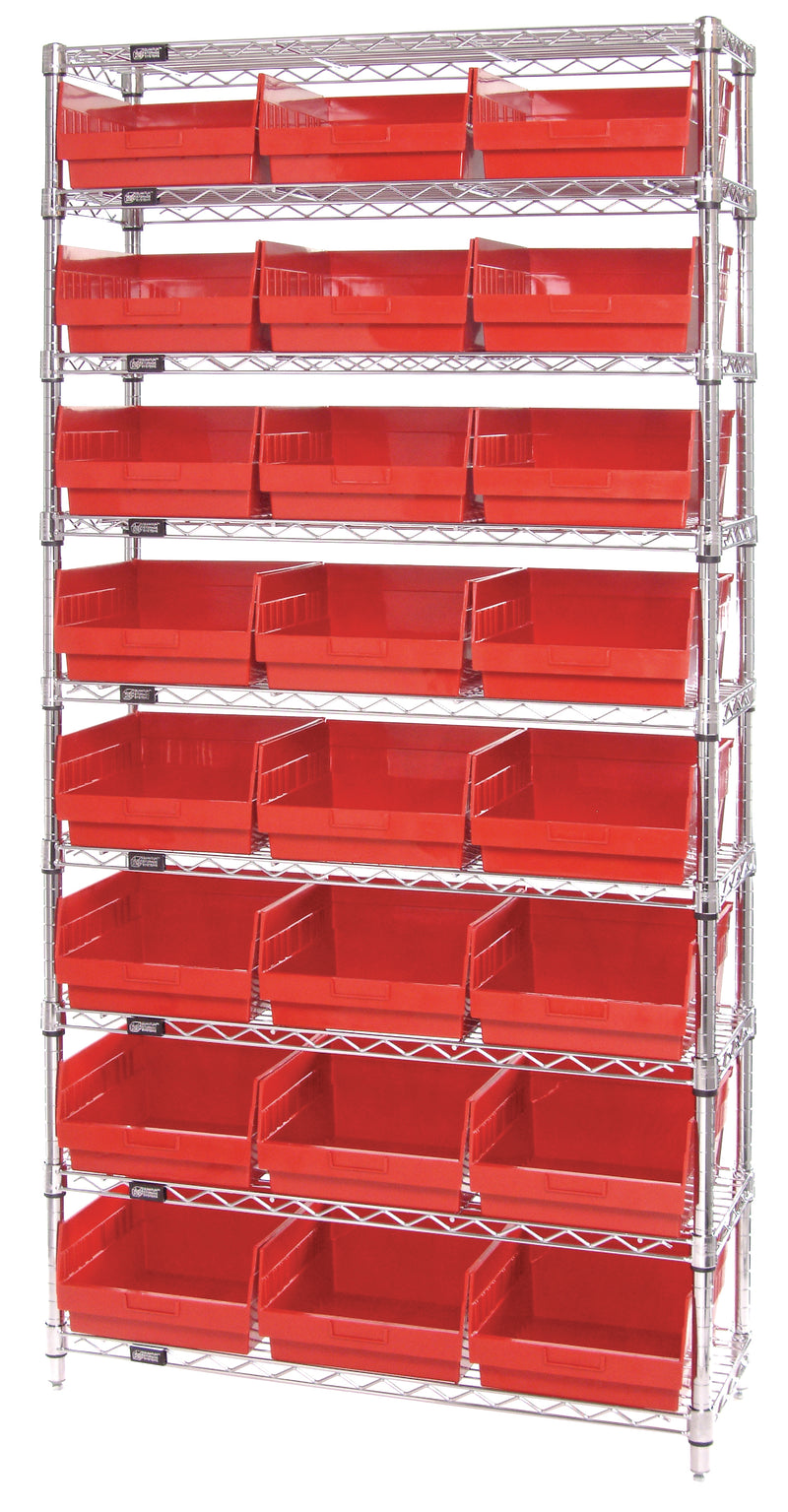 Quantum Store-More 6" Shelf Bin Wire Shelving Systems with Bins – 12" x 36" x 74" – WR9-209 – Red