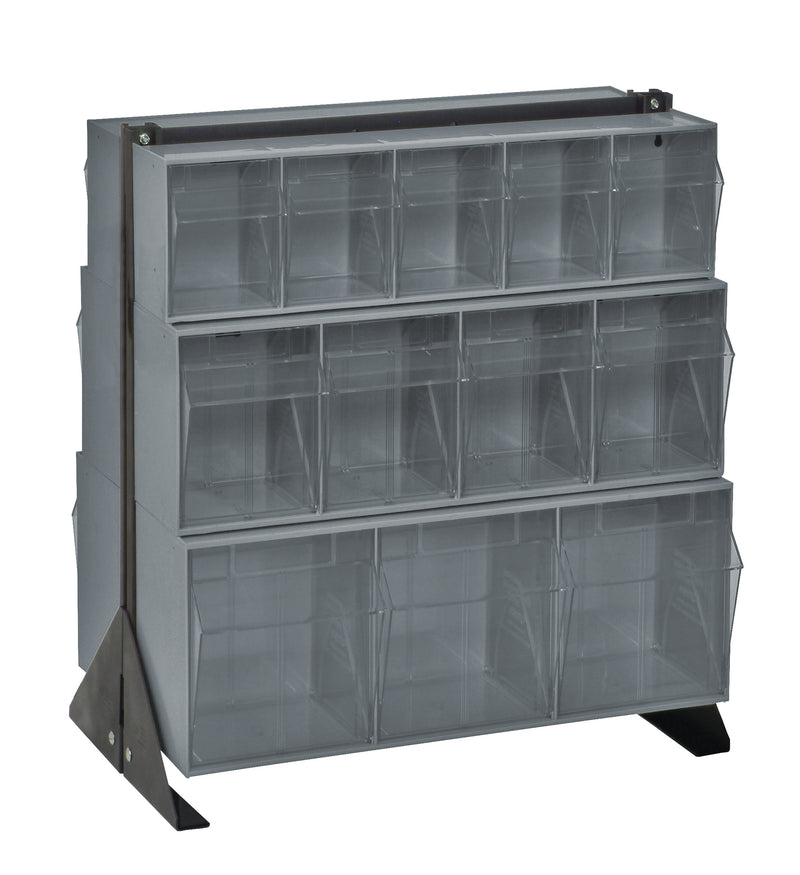 Stackable storage bins with clear plastic containers on a white background