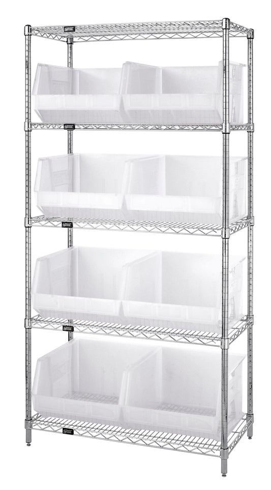 Quantum Clear-View Wire Shelving with Clear Bins – 18" x 36" x 74" – WR5-270CL – Clear