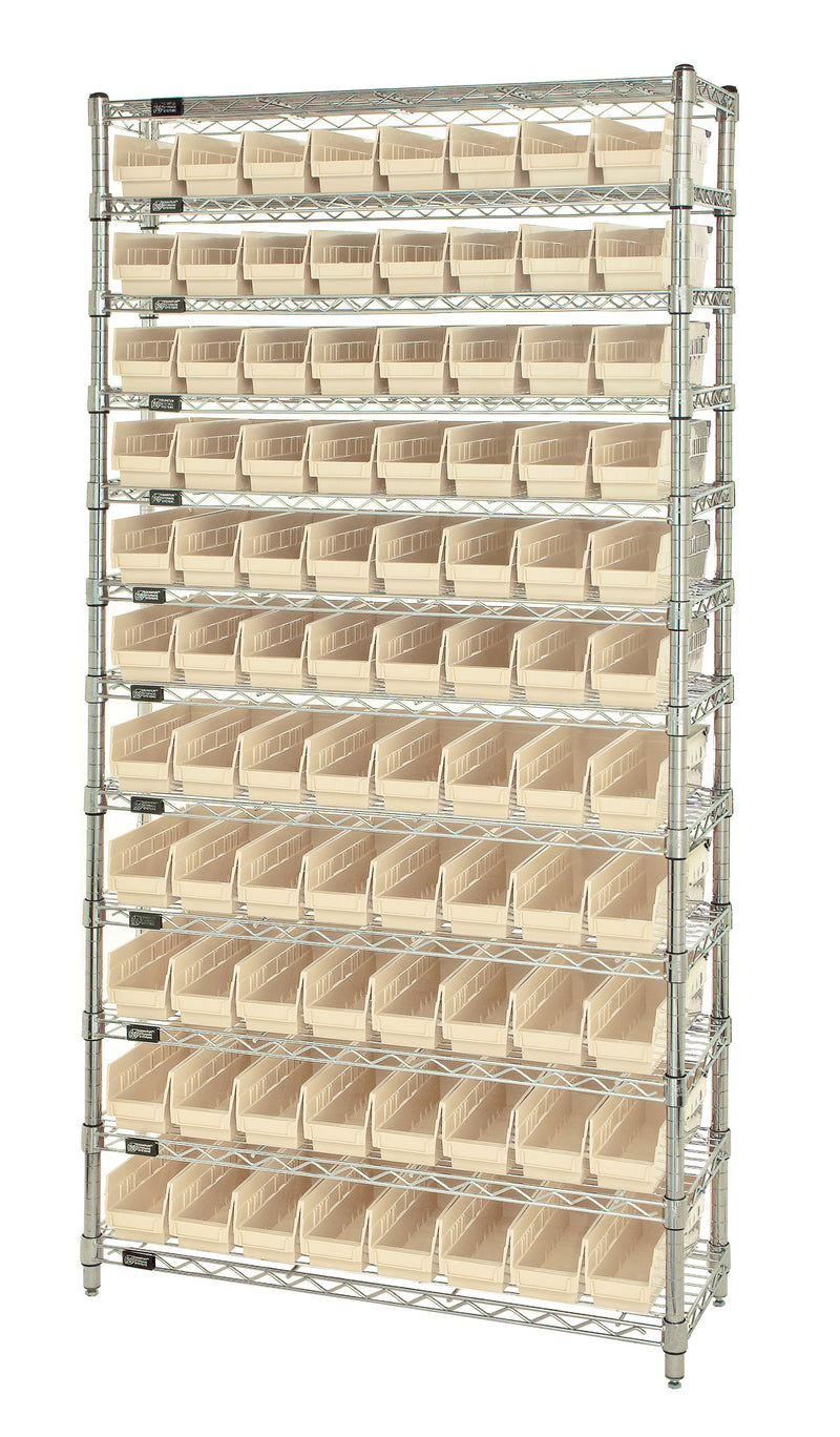 Quantum Economy 4" Shelf Bin Wire Shelving Systems with Bins – 24" x 36" x 74" – WR12-105 – Ivory