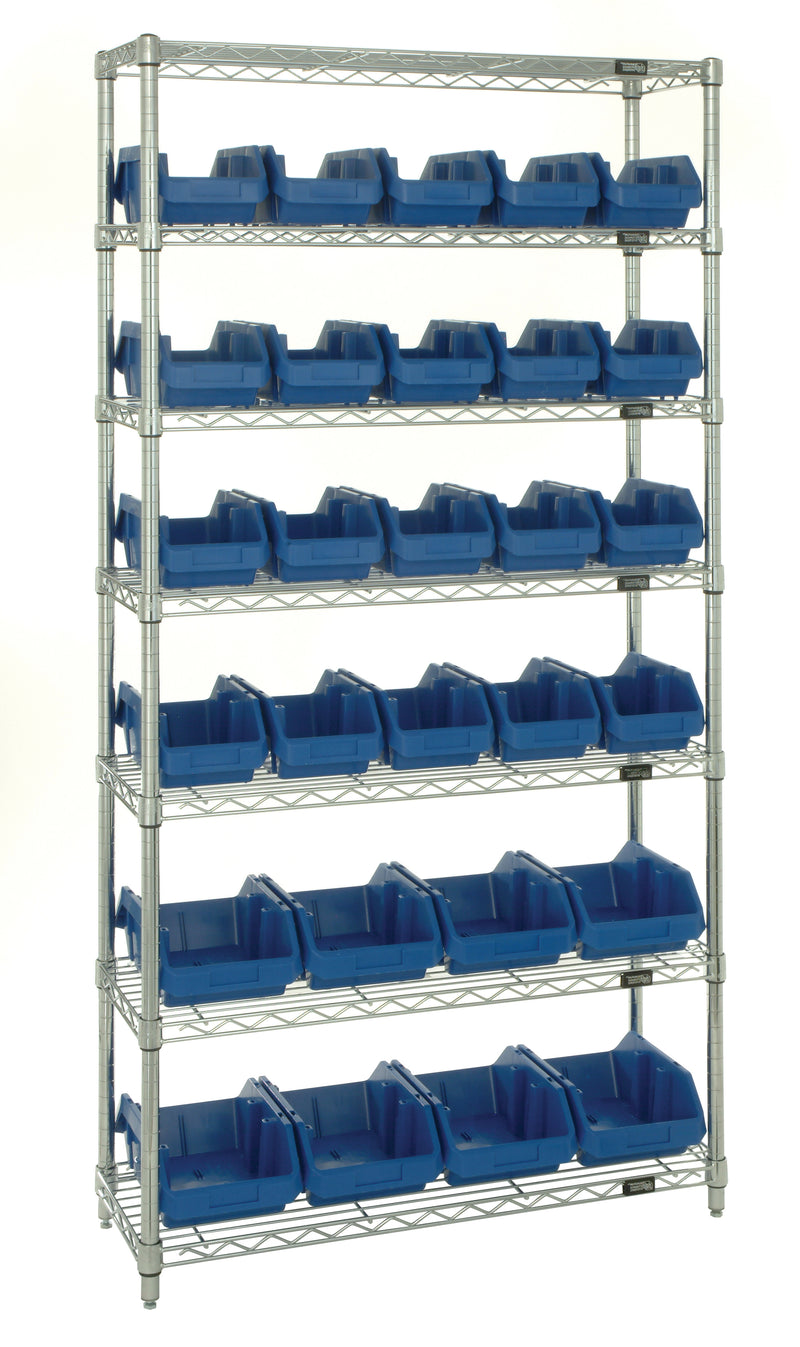 Quantum QuickPick Heavy-Duty Wire Shelving with QuickPick Bins – Complete Package – 36" x 18" x 74" – W7-18-26 to W7-18-30 – W7-18-28 – Blue