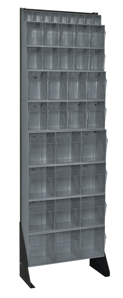 Stack of transparent plastic crates on a black stand against a white background