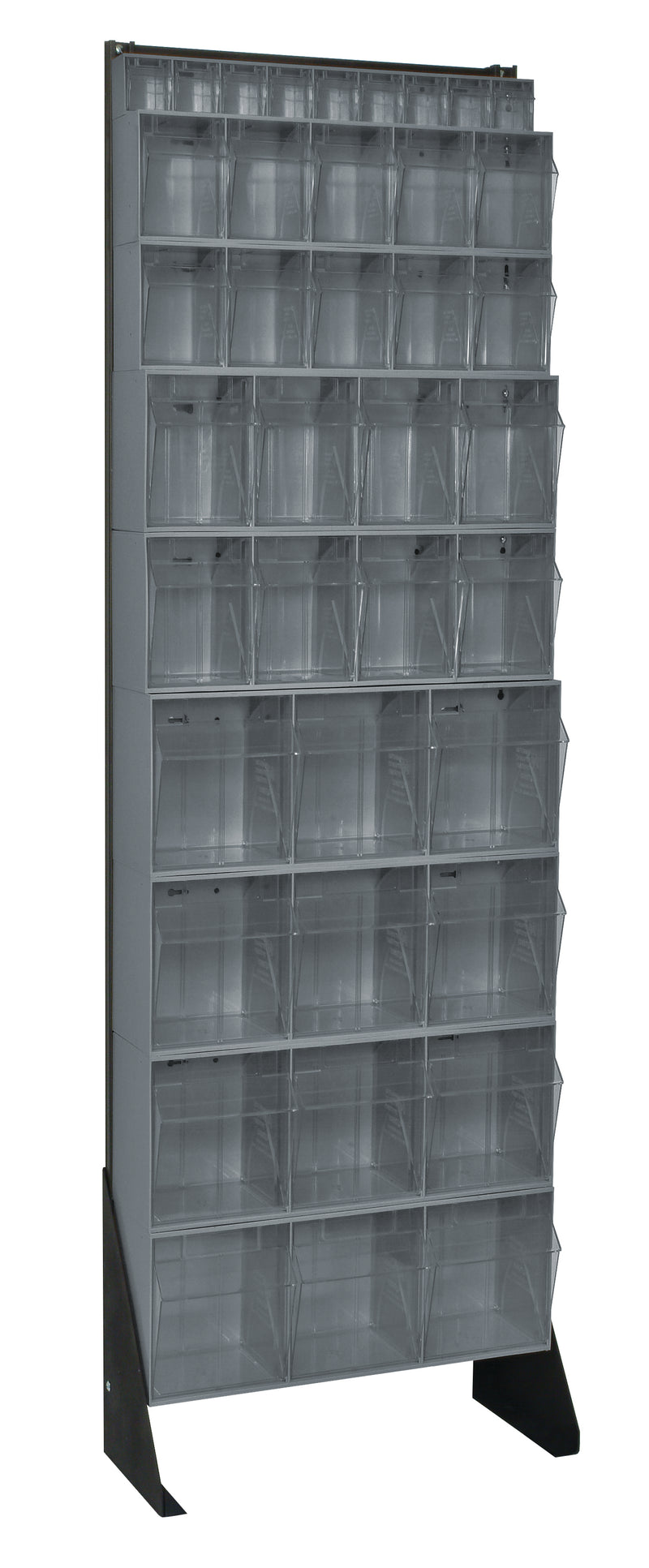 Stack of transparent plastic crates on a black stand against a white background
