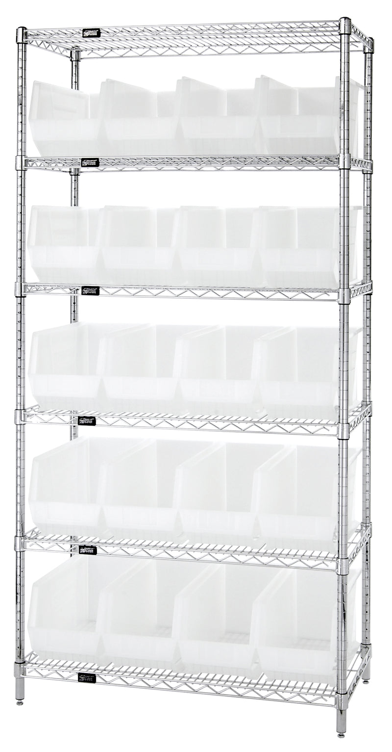 Quantum Clear-View Wire Shelving with Clear Bins – 18" x 36" x 74" – WR6-265CL – Clear