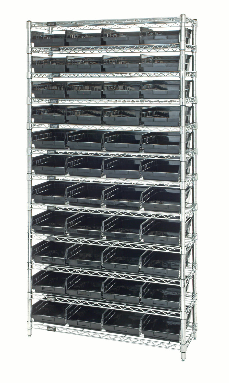 Quantum Economy 4" Shelf Bin Wire Shelving Systems with Bins – 24" x 36" x 74" – WR12-114 – Black
