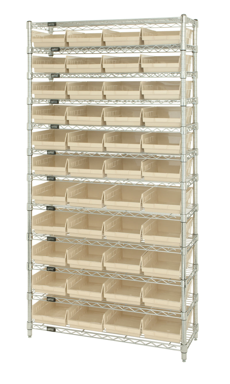 Quantum Economy 4" Shelf Bin Wire Shelving Systems with Bins – 12" x 36" x 74" – WR12-107 – Ivory