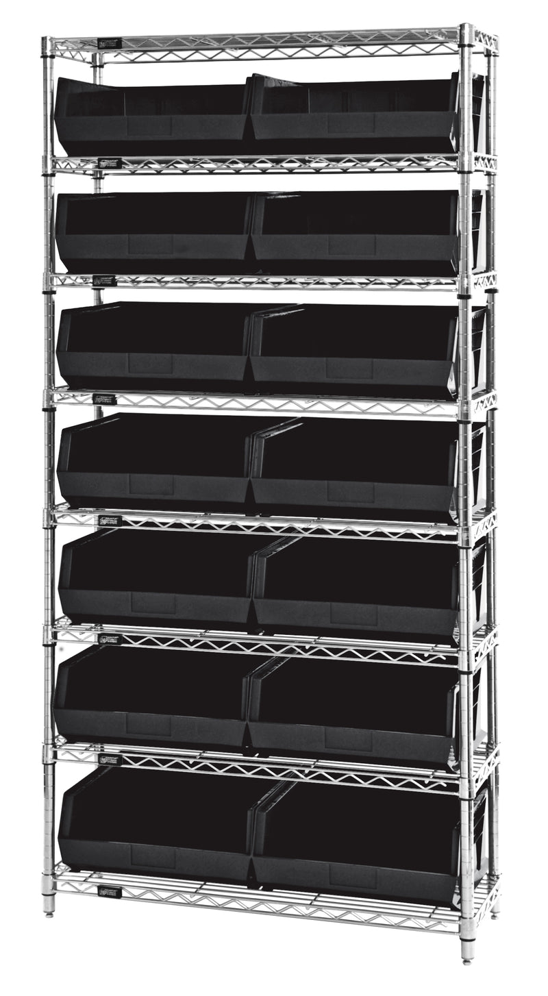 Quantum Stack & Hang Wire Shelving with Bins – 36" x 14" x 74" – WR8-250 – Black