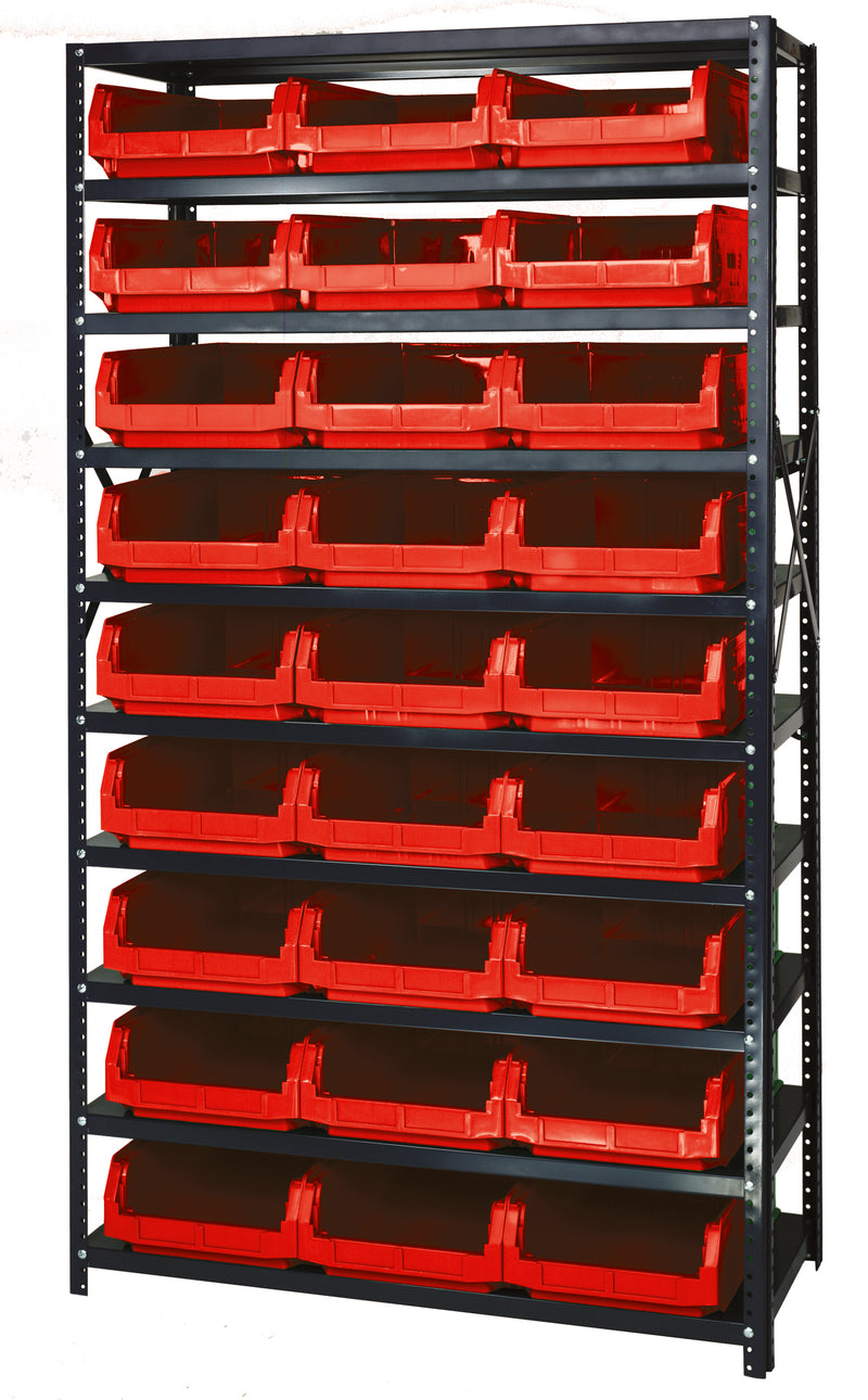 Quantum Magnum Steel Shelving Systems with Bins – 18" x 42" x 75" – MSU-531 – Red